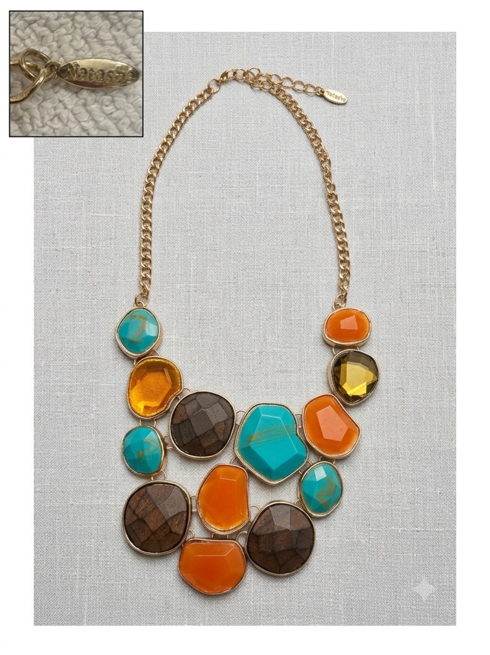 Natasha Couture Gold-Tone Statement Necklace with Turquoise, Orange & Brown Gems